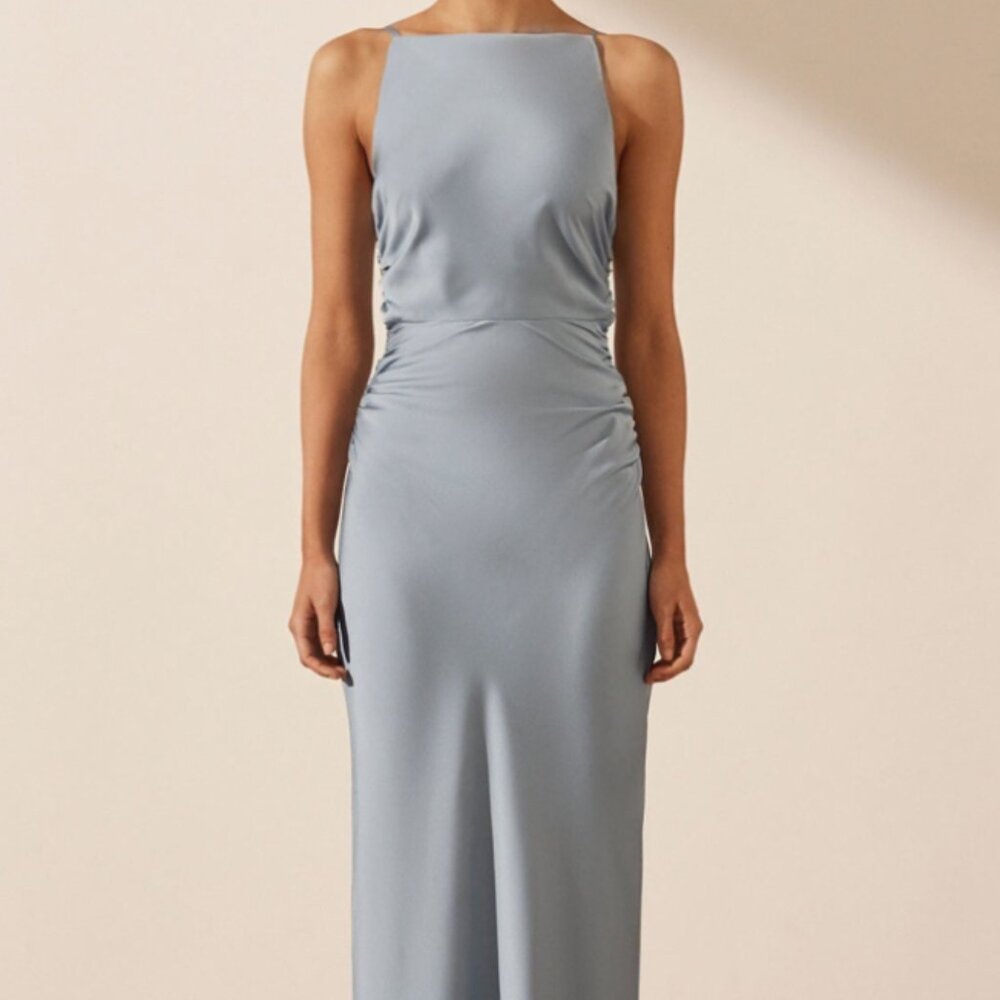 Shona Joy High Neck Ruched Midi Dress / Azure